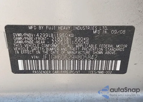 2009 Subaru Impreza 2.5I from USA, damaged, VIN JF1GH60629H805842